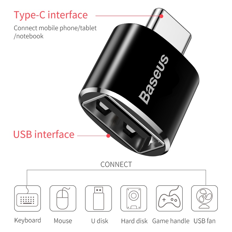 Đầu Chuyển OTG USB Type C Sang USB Full Size BASEUS Cho Xiaomi /  Samsung / Oppo / Realme / Huawei / Macbook