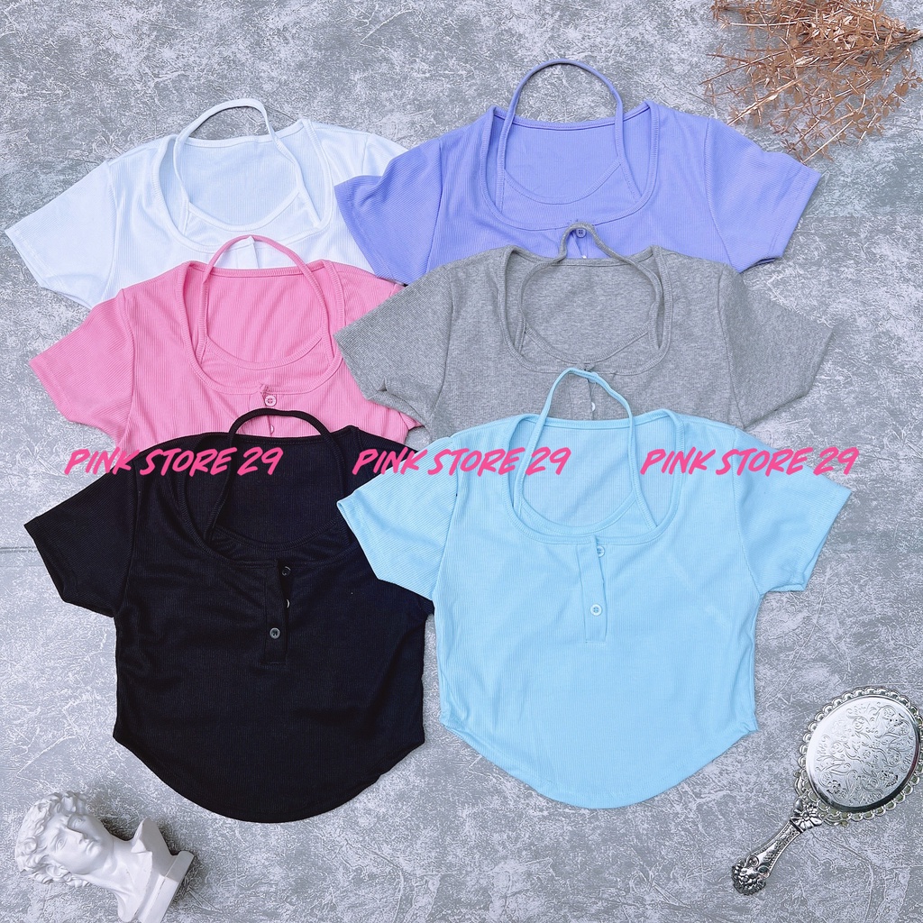 Áo Croptop Body Tay Ngắn PINKSTORE29 Cổ Vuông Kiểu Yếm, Khuy Cài Cổ Gợi Cảm A5257 | BigBuy360 - bigbuy360.vn