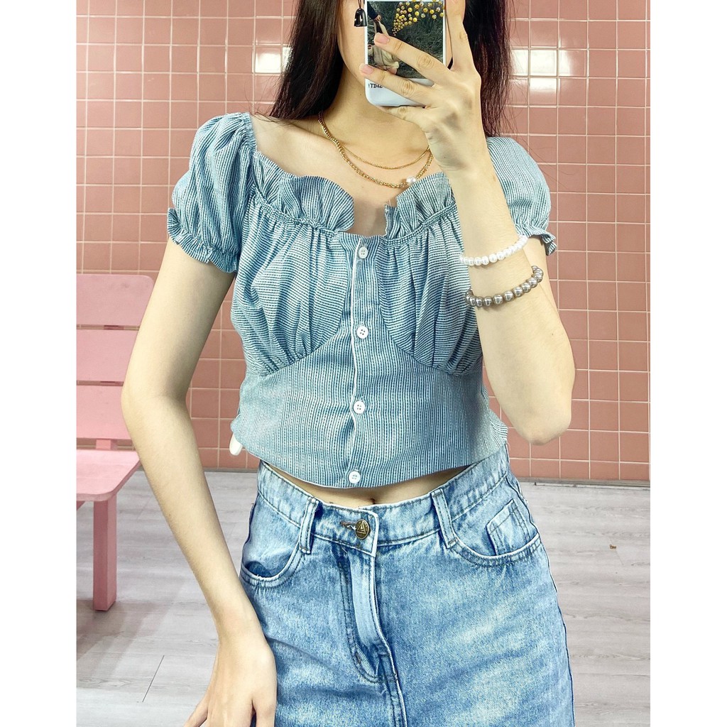 Áo croptop ngắn tay họa tiết caro phong cách cổ điển Hàn Quốc cho nữ