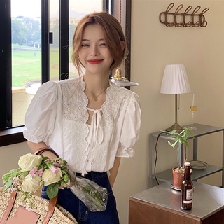 Áo sơ mi kiểu nữ, áo babydoll cổ buộc nơ phối ren bên ulzzang