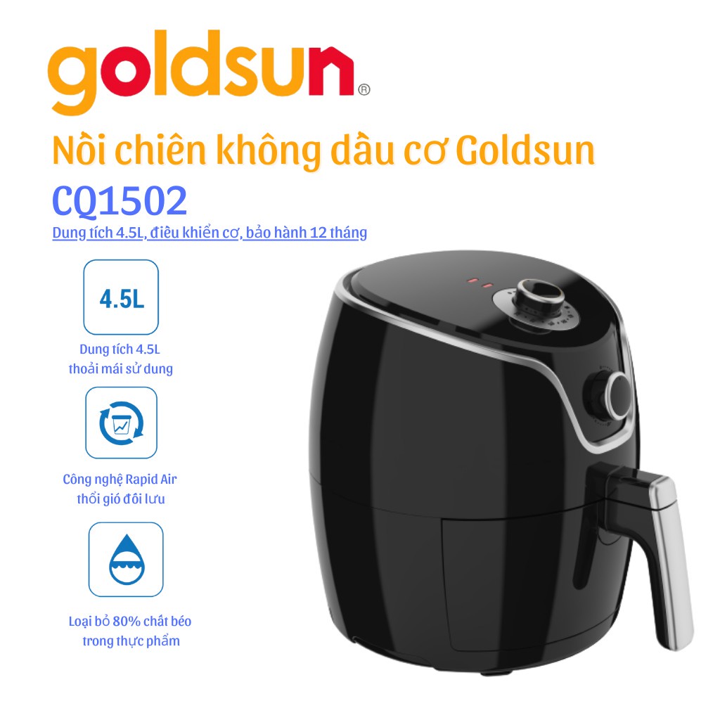 Nồi chiên không dầu chống dính cao cấp 4.5L - Làm chín thực phẩm từ bên trong - Hàng chính hãng Goldsun CQ1502