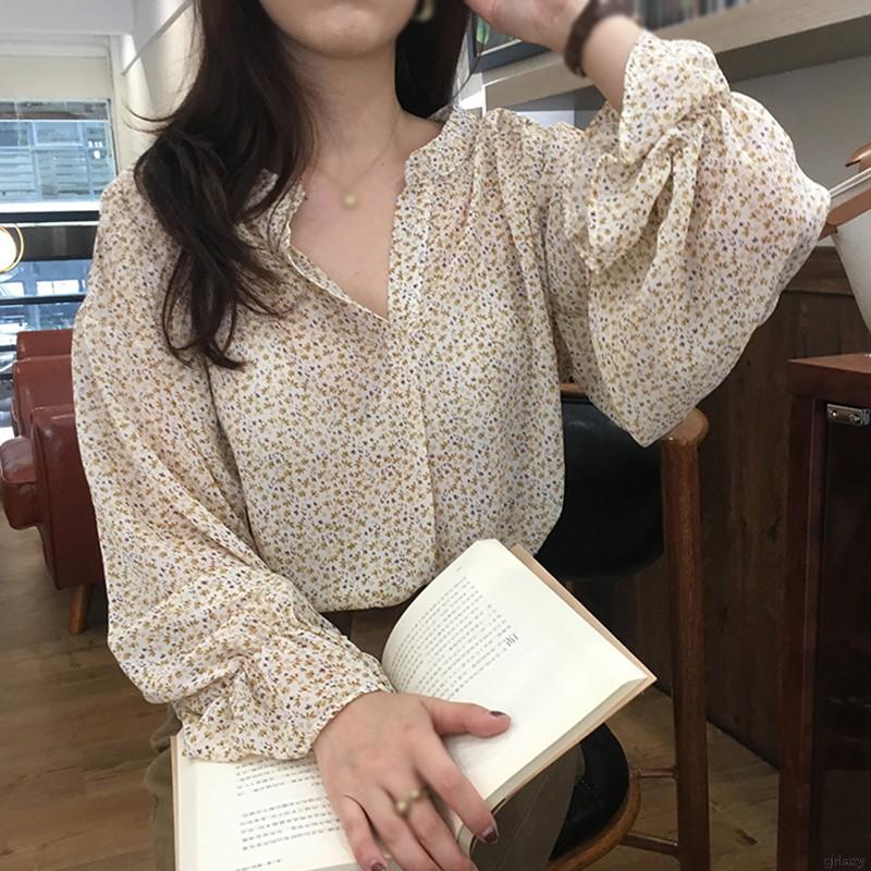 Áo Chiffon Cổ Tròn Tay Dài Họa Tiết Phong Cách Thời Trang Retro Hàn