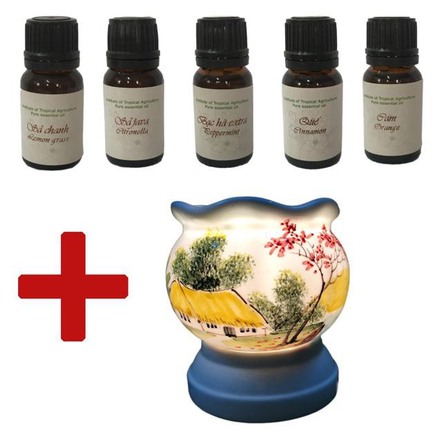 (FREE SHIP) Combo 5 chai tinh dầu (10ml) tặng đèn xông tinh dầu điện size L (15x15) hình vẽ và kiểu dáng bất kỳ