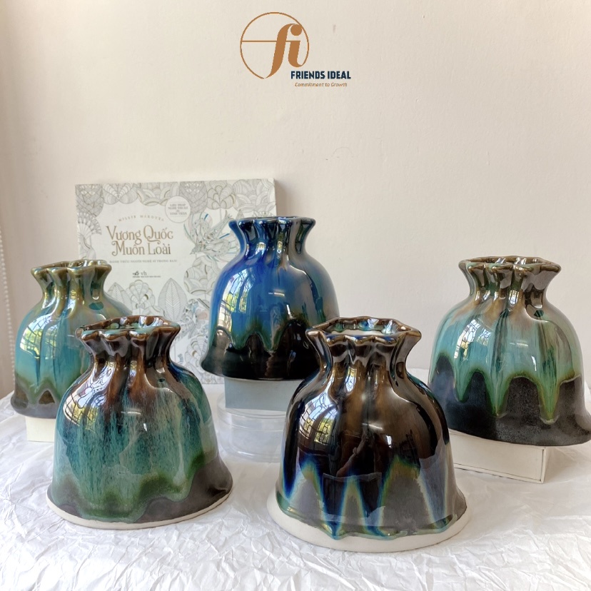 Bình hoa gốm dáng túi tiền, size M - Bát Tràng - Men hoả biến - cao 14cm - Quà tặng, trang trí, decor
