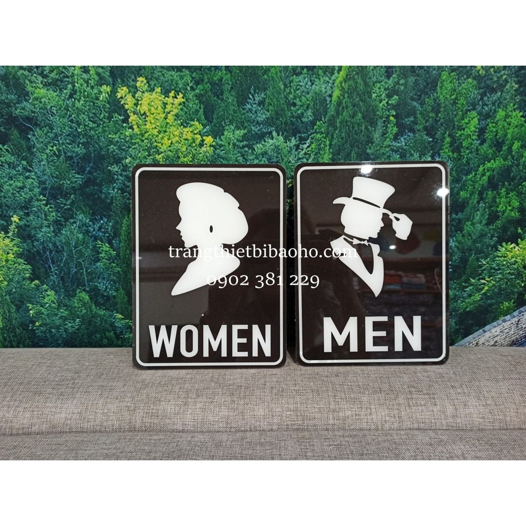Biển báo mica WC, nhà vệ sinh nam nữ kích thước 15 x 20cm màu đen - hình thật