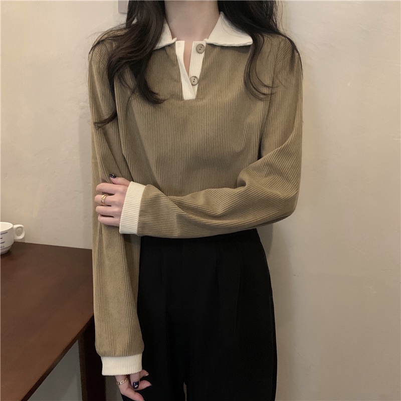 Áo sơ mi tay dài XIAOZHAINV dáng rộng vải nhung kẻ có 3 màu thời trang Hàn Quốc