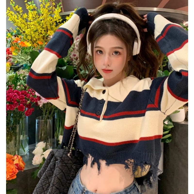 Áo Sweater Cổ polo Tay Dài Họa Tiết Kẻ Sọc Màu Sắc Tương Phản Thời Trang Mùa Thu Dễ Phối Đồ Cho