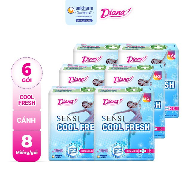 Bộ 6 gói Băng vệ sinh Diana SenSi Cool Fresh siêu mỏng cánh gói 8 miếng