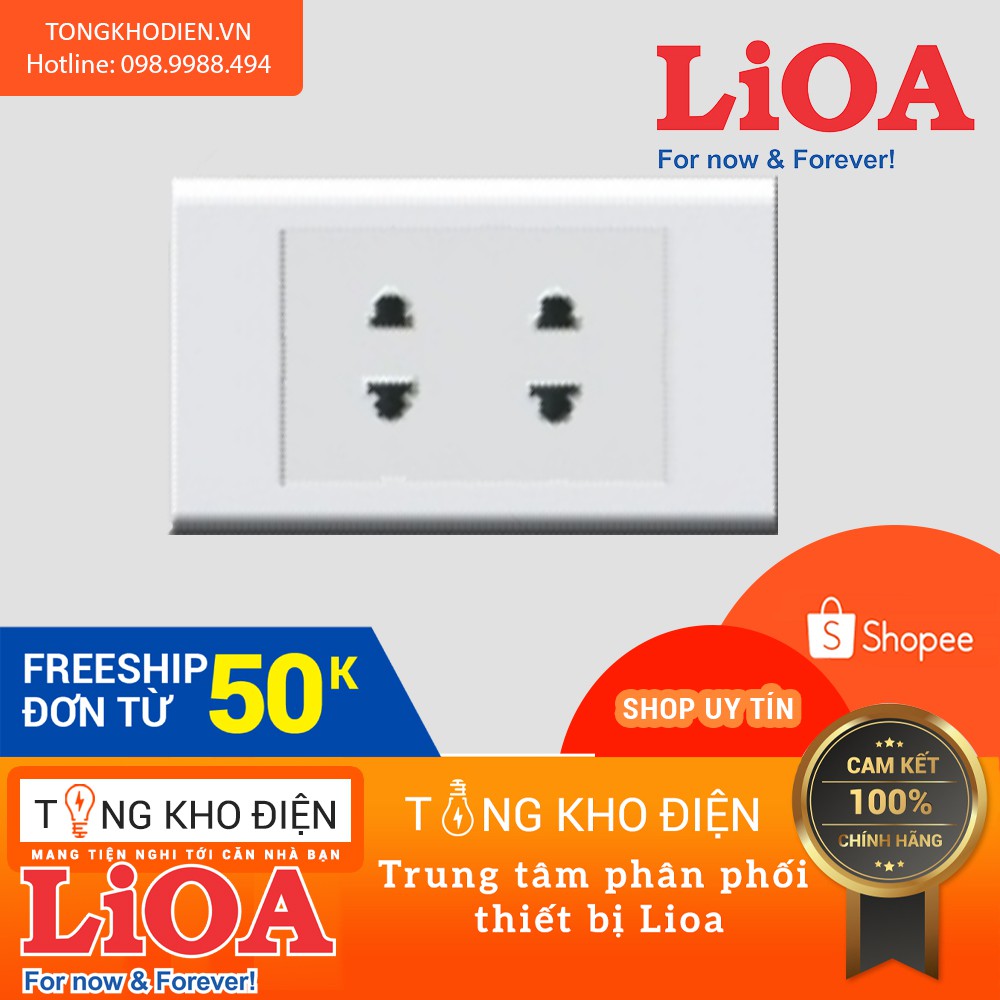 Mặt 2 ổ cắm LiOA [CHÍNH HÃNG], Nhựa TRẮNG - Tiếp điểm ĐỒNG