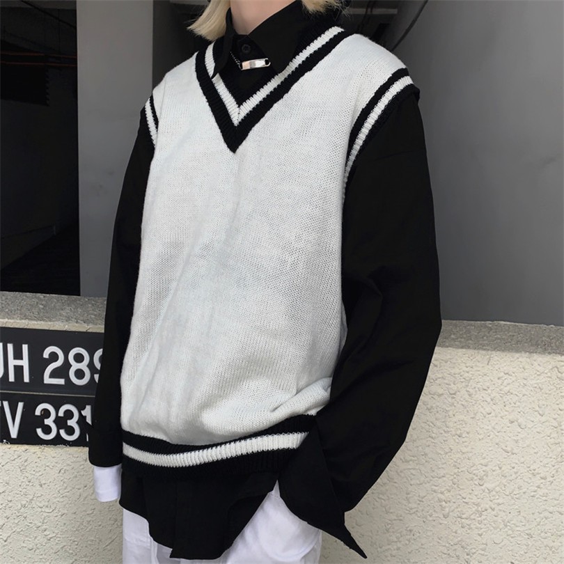 Áo Sweater Không Tay Dáng Rộng Cổ Chữ V Màu Sắc Retro Hàn Quốc Dành Cho Cặp Đôi