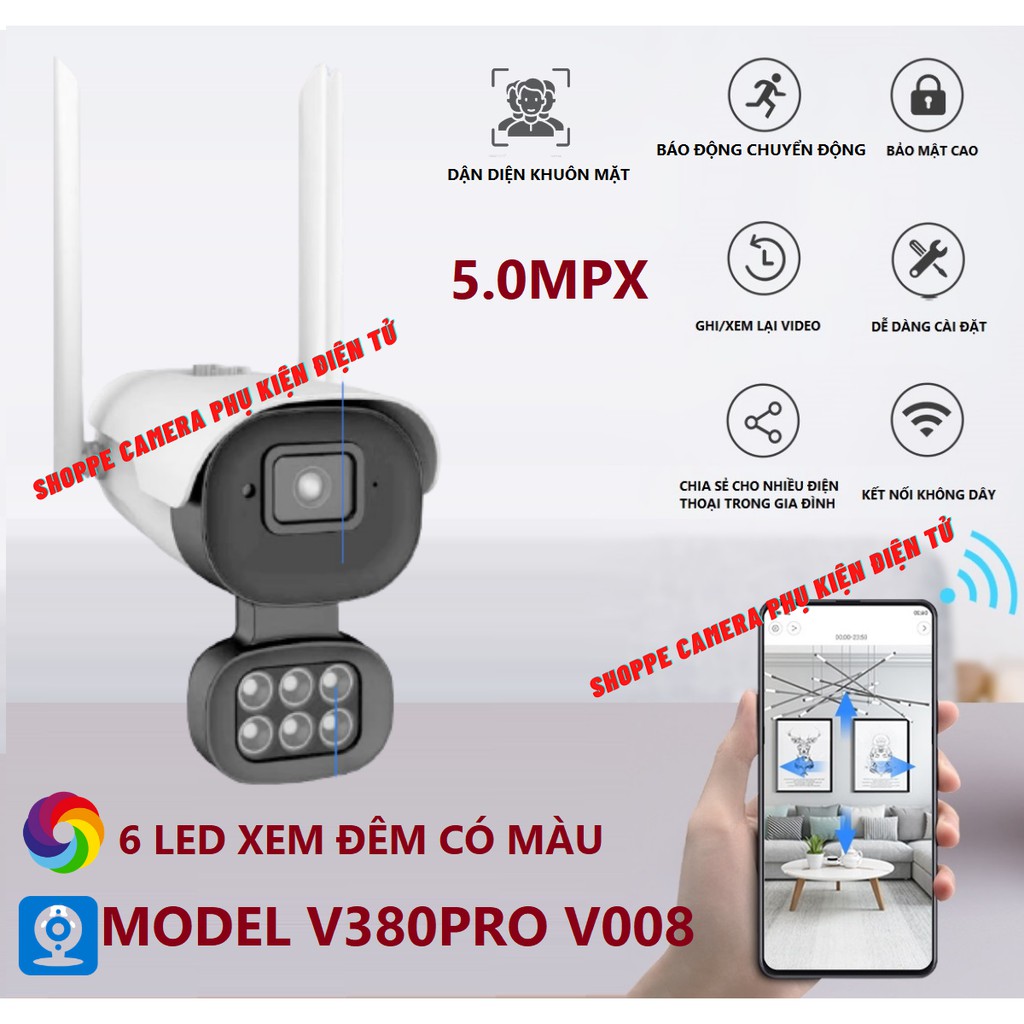 Camera wifi 5.0Mpx V380Pro V800 Xem đêm có màu - Chính Hãng - AI nhận diện khuôn mặt