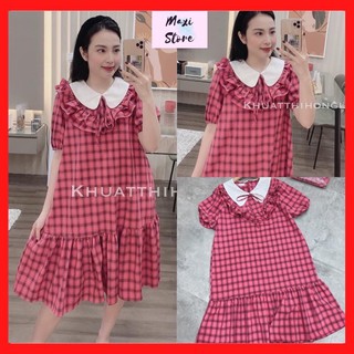 Váy babydoll cổ nơ siêu xinh , đầm kẻ dáng xoè hot
