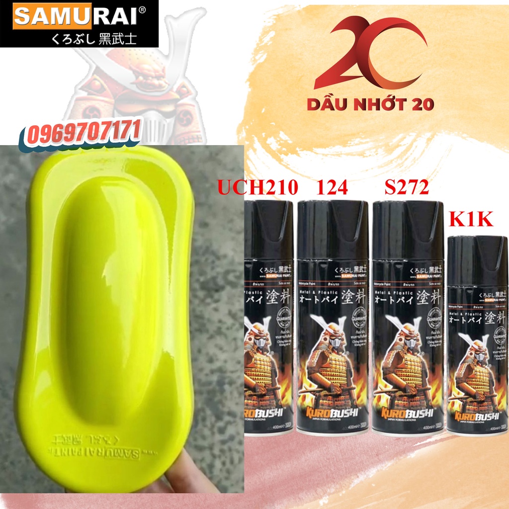 Combo 4 chai sơn MÀU VÀNG MẶT TRỜI samurai S272* gồm uch210 102 s272 bóng tuỳ chọn k1k 128 hoặc bóng kim tuyến k1kt nhám