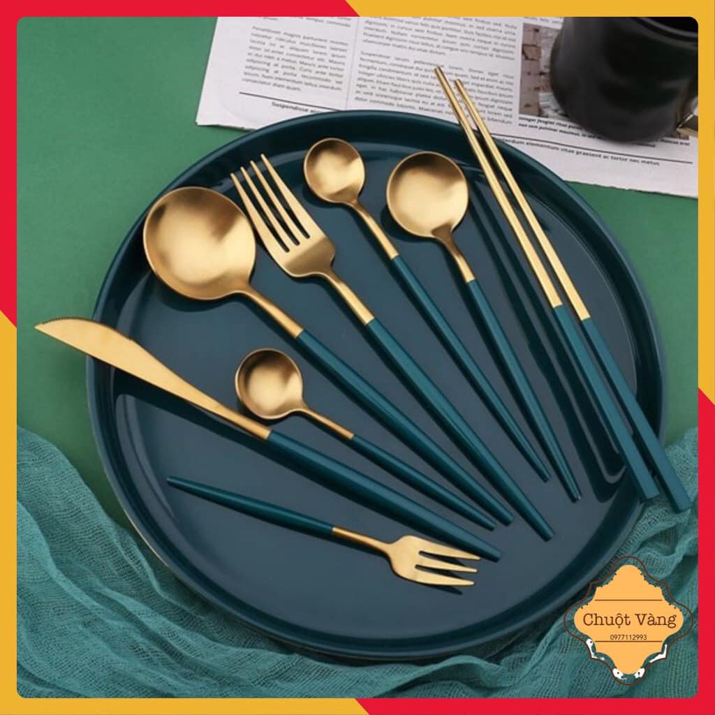 BỘ THÌA, DAO, DĨA MẠ VÀNG NHIỀU MÀU SANG CHẢNH