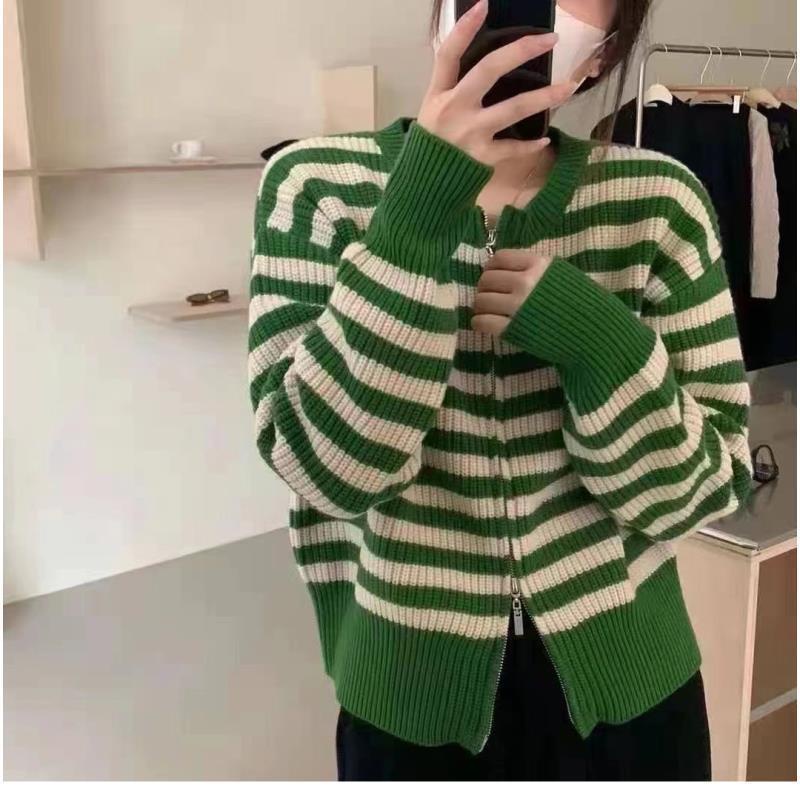 2022 Áo cardigan dệt kim dài tay thời trang Hàn Quốc với sọc xanh và dây kéo