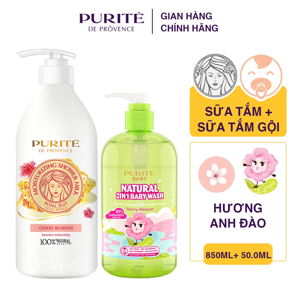 [Combo Mẹ và Bé] Combo Sữa Tắm Purite Dưỡng Ẩm Sữa Ong Chúa Hoa Anh Đào 850ml + Sữa Tắm Gội Baby Hoa Anh Đào 500ml