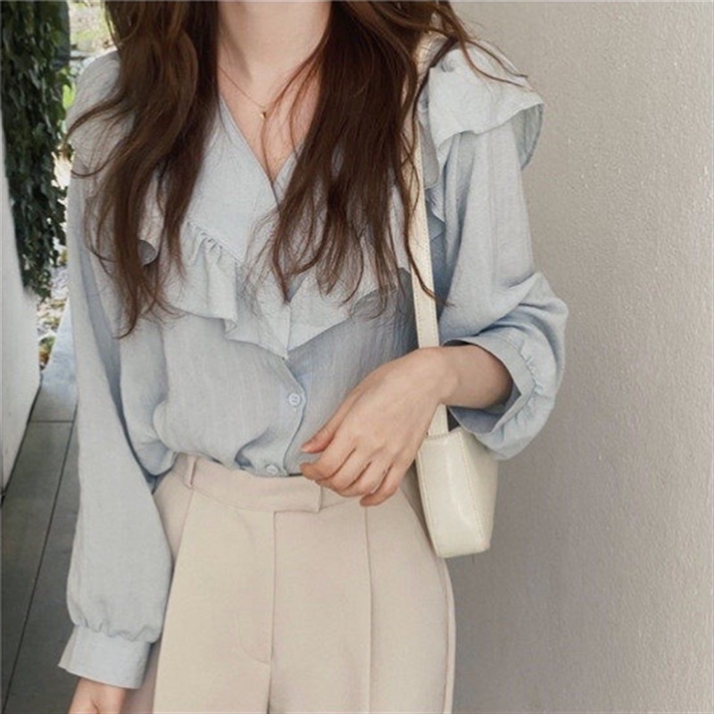 Linki ✧ Áo Sơ Mi Nữ Tay Dài Cổ Chữ V Dáng Rộng Phong Cách Hàn Quốc