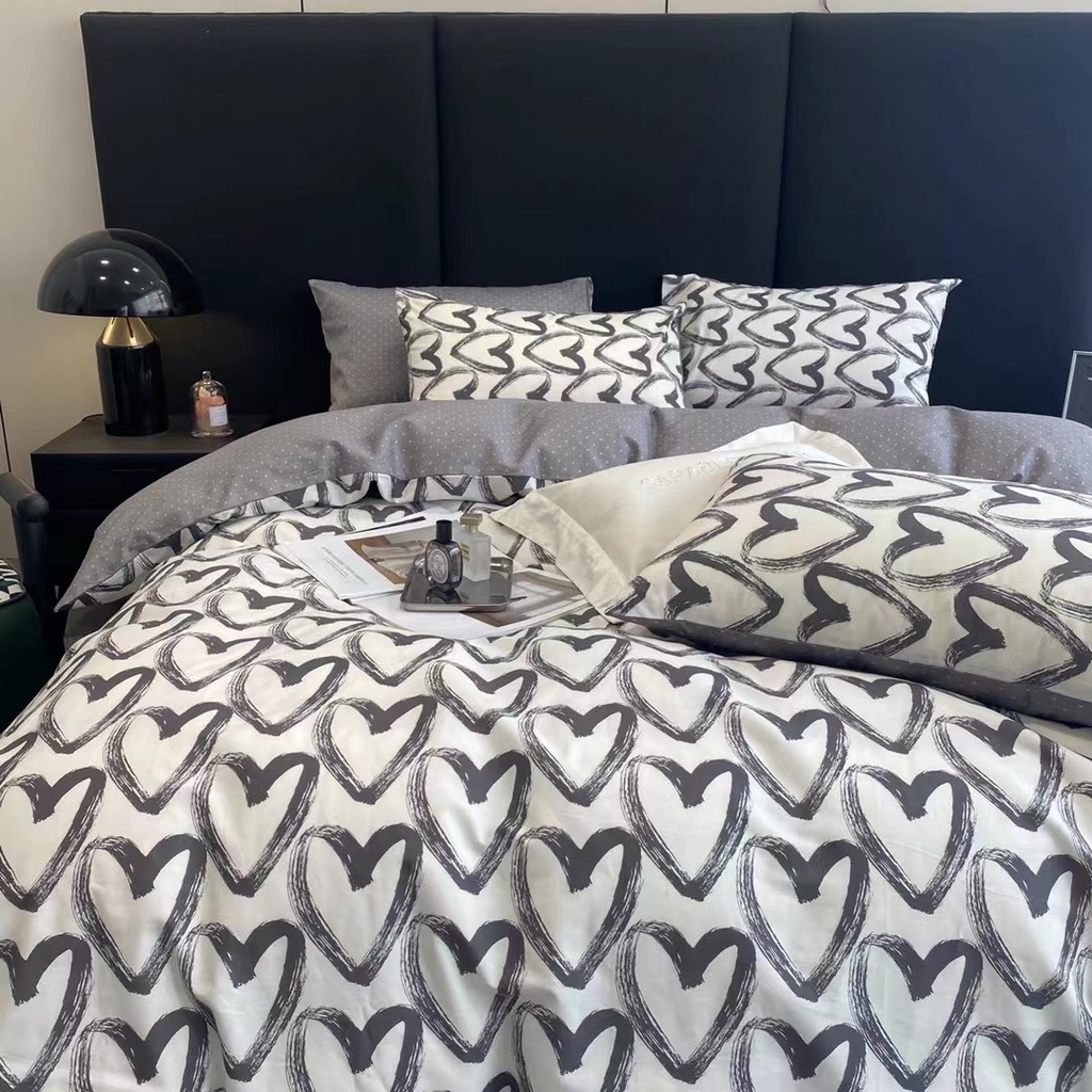 Bộ Chăn Ga Gối Cotton Living - 100% Cotton Họa Tiết Tim Trắng Xinh Xắn , Bộ Vỏ Chăn , Ga Giường , Vỏ Gối