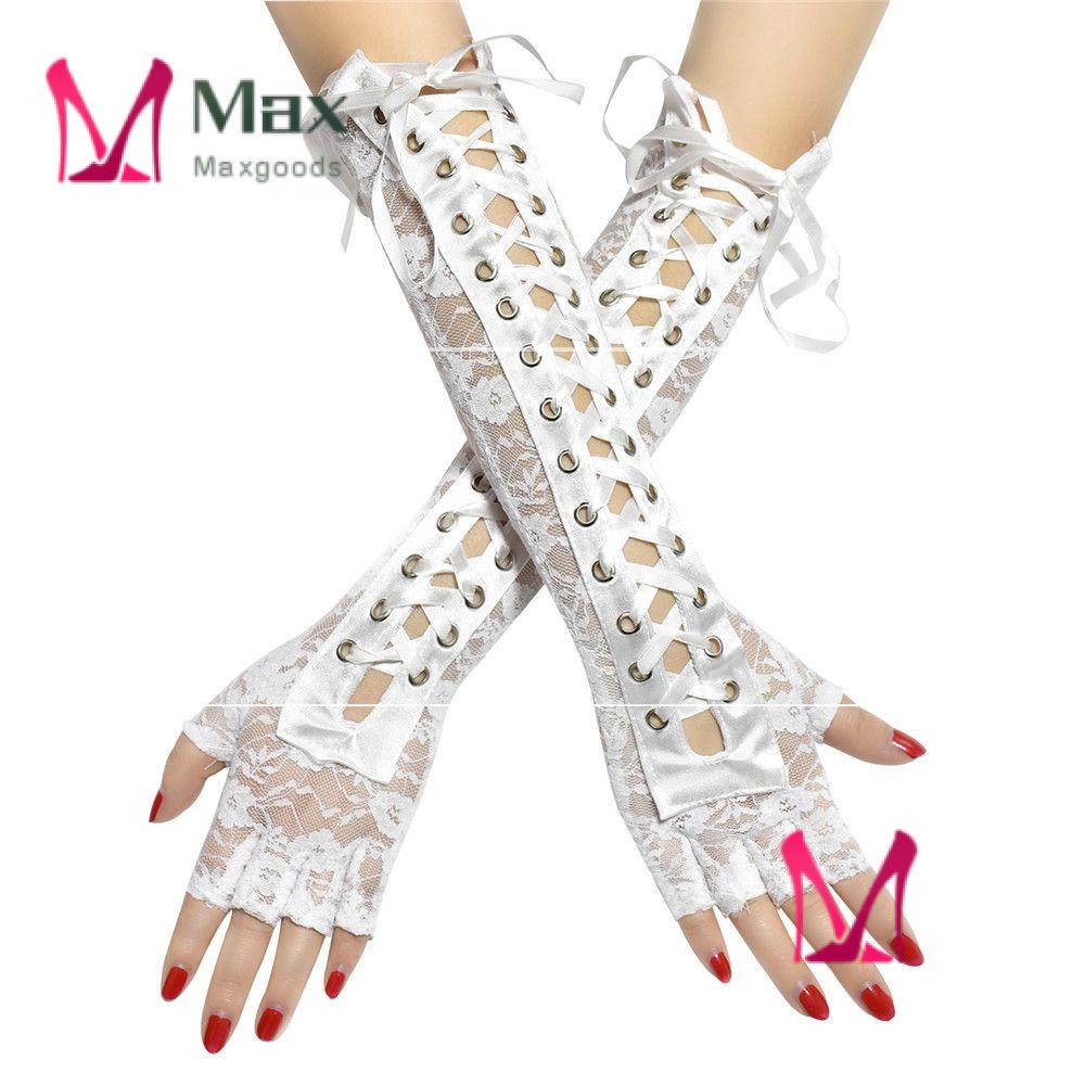 1 Đôi Găng Tay Hở Ngón Bằng Lụa Phối Dây Ruy Băng Dài Nhiều Màu Sắc Phong Cách Gothic Dùng Hóa Trang Dự Tiệc Dành Cho Nữ