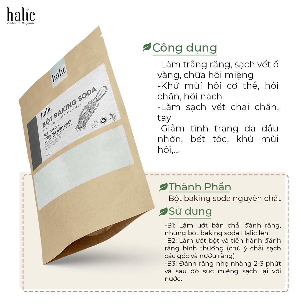 Bột Baking Soda trắng răng Halic Organic 40G dùng đánh răng trắng, loại bỏ vết ố vàng, khử mùi hôi miệng