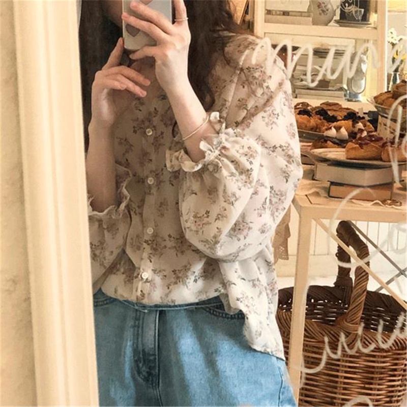 Áo Sơ Mi Chiffon Tay Dài Ống Loe In Họa Tiết Hoa Ngọt Ngào Thời Trang Mùa Thu Hàn Quốc Cho Nữ