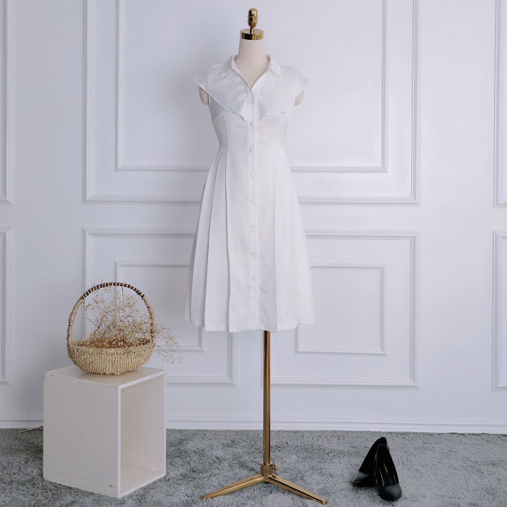 Đầm nữ cổ sơ mi vạt vai cách điệu,  xếp ly phối cúc trước, thiết kế cao cấp TKFASHION DK903