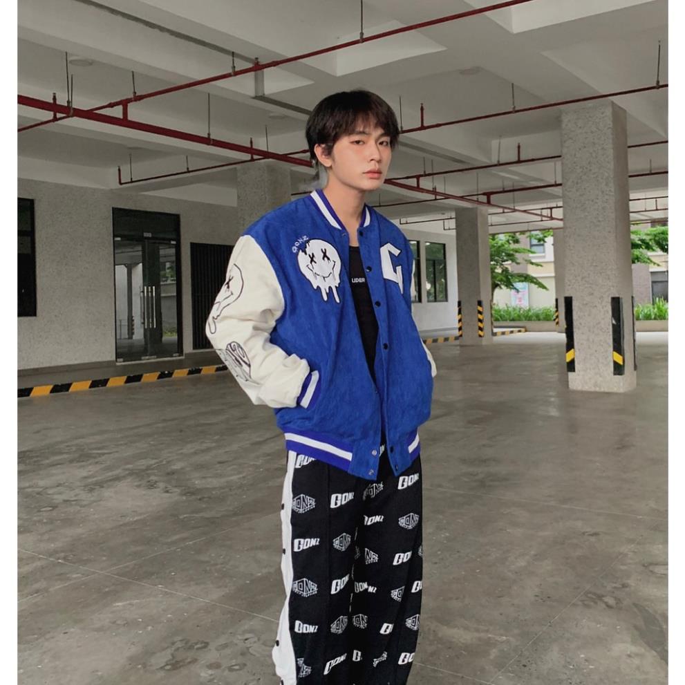 Áo khoác bomber, varsity jacket GONZ Blue nhung tăm Full Face form rộng nam nữ, áo khoác bóng chày gonz