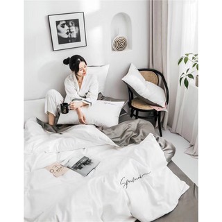 Sét chăn ga lụa tencel sumoi màu trắng phối xám