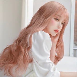 Tóc giả xoăn dài màu hồng đào