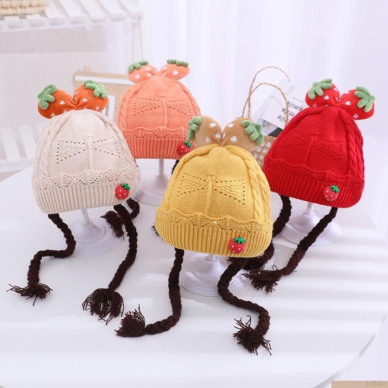 Mũ trùm đầu dệt kim giữ ấm in hình quả dâu dễ thương cho bé gái 0-1 tuổi