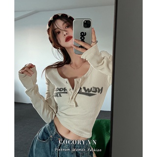 Cocorygirl Áo crop top tay dài dáng ôm in chữ phong cách Hàn Quốc thời trang cho nữ