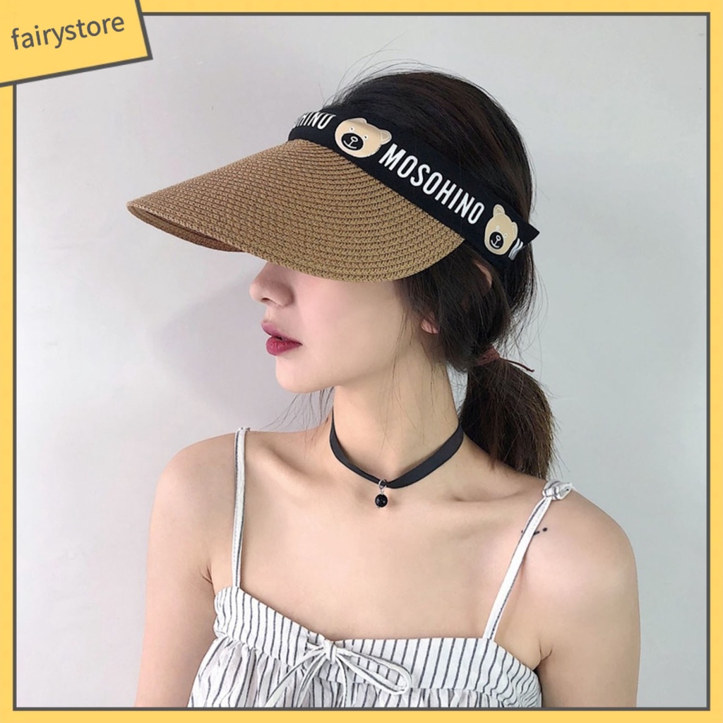 Mũ Cói Vành Rộng Hở Đầu Chống Tia Uv Họa Tiết Gấu Dễ Thương Thời Trang Mùa Hè Cho Người Lớn Và Trẻ Em