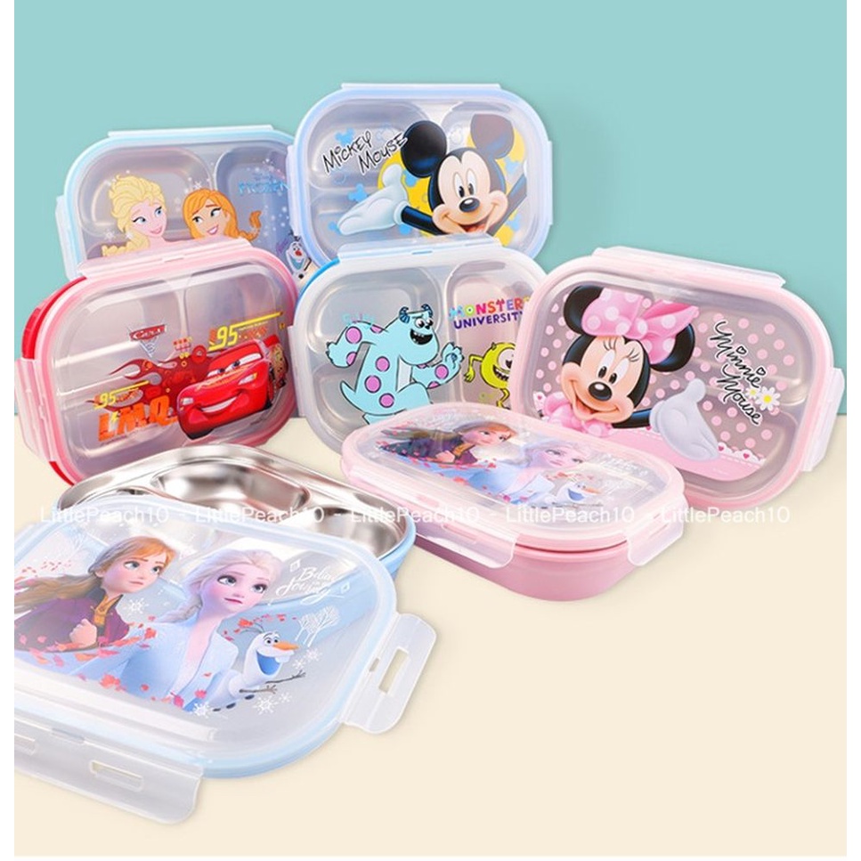 Hộp đựng cơm , khay cơm 3 ngăn Disney inox giữ nhiệt Frozen Car Monster cho trẻ em