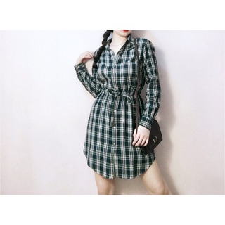 Đầm sơmi caro nỉ cột dây eo