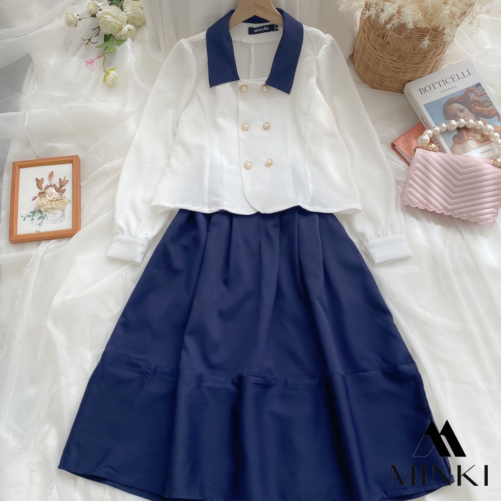 🌸 SET SƠ MI CÚC CHÂN VÁY XANH THAN CỔ ĐIỂN - CHẤT LIỆU CAO CẤP - PHỐI MÀU TRẮNG VÀ XANH ĐEN | BigBuy360 - bigbuy360.vn