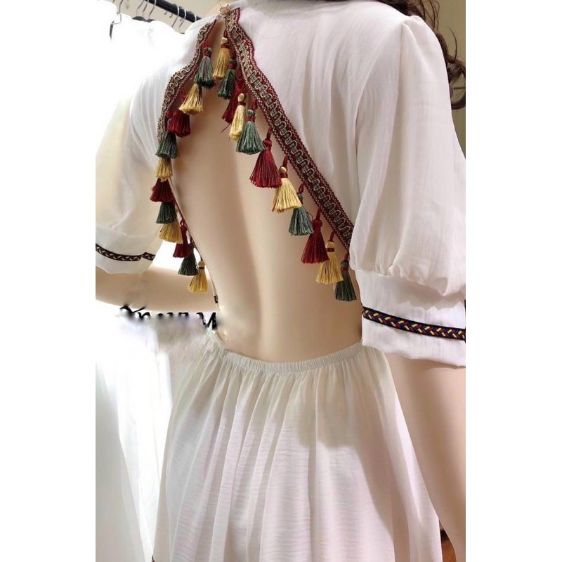 Đầm maxi đũi lụa thổ cẩm phối viền tay bồng hở lưng vintage, Váy tiệc xoè xịn retro du lịch chụp ảnh đẹp 3 MÀU HÌNH THẬT | BigBuy360 - bigbuy360.vn