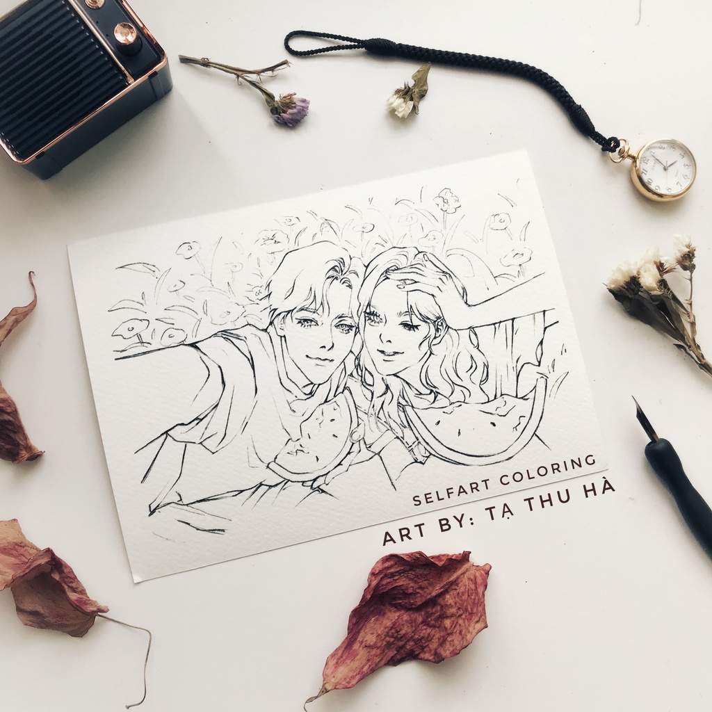 [rysearthub]Tranh tô màu lineart Valentine - Tạ Thu Hà - 3 tranh, giấy 300gsm, coldpress, quà tặng lễ tình nhân, kỉ niệm