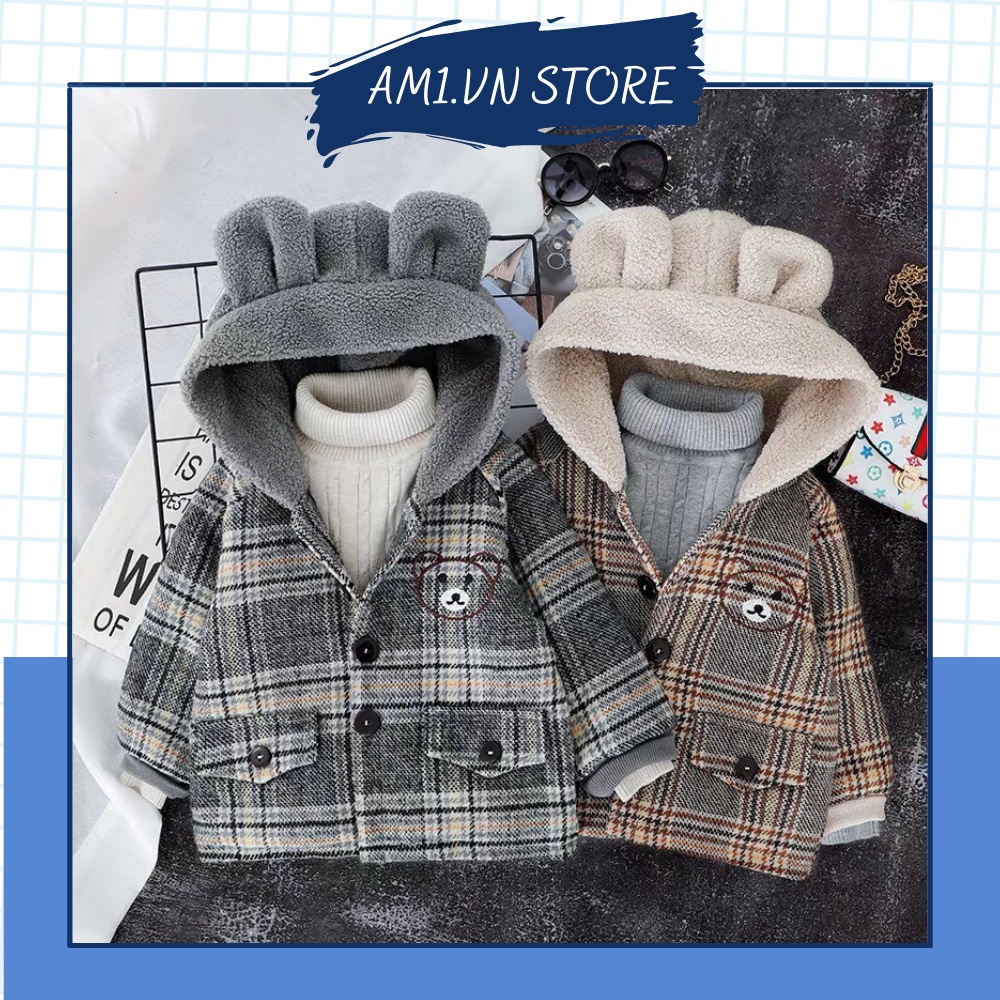 Áo Khoác Dạ Kẻ Mũ Tai Gấu Chất Đẹp AM411 Cho Bé Trai Và Bé Gái TTR135