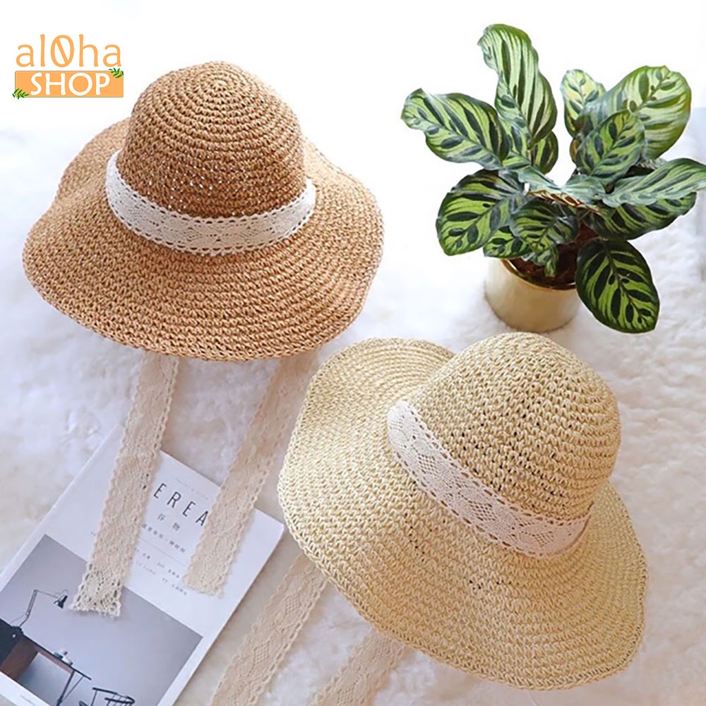 Mũ cói mềm dây ren buộc cổ - nón cói vành to chống nắng, đi biển phong cách - al0ha Shop