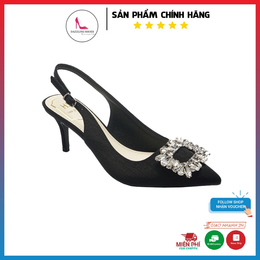 Giày hở gót nữ 5p mũi nhọn chất liệu lụa xước charm đá bít mũi thời trang công sở đẹp -Dazzling Shoes DA765
