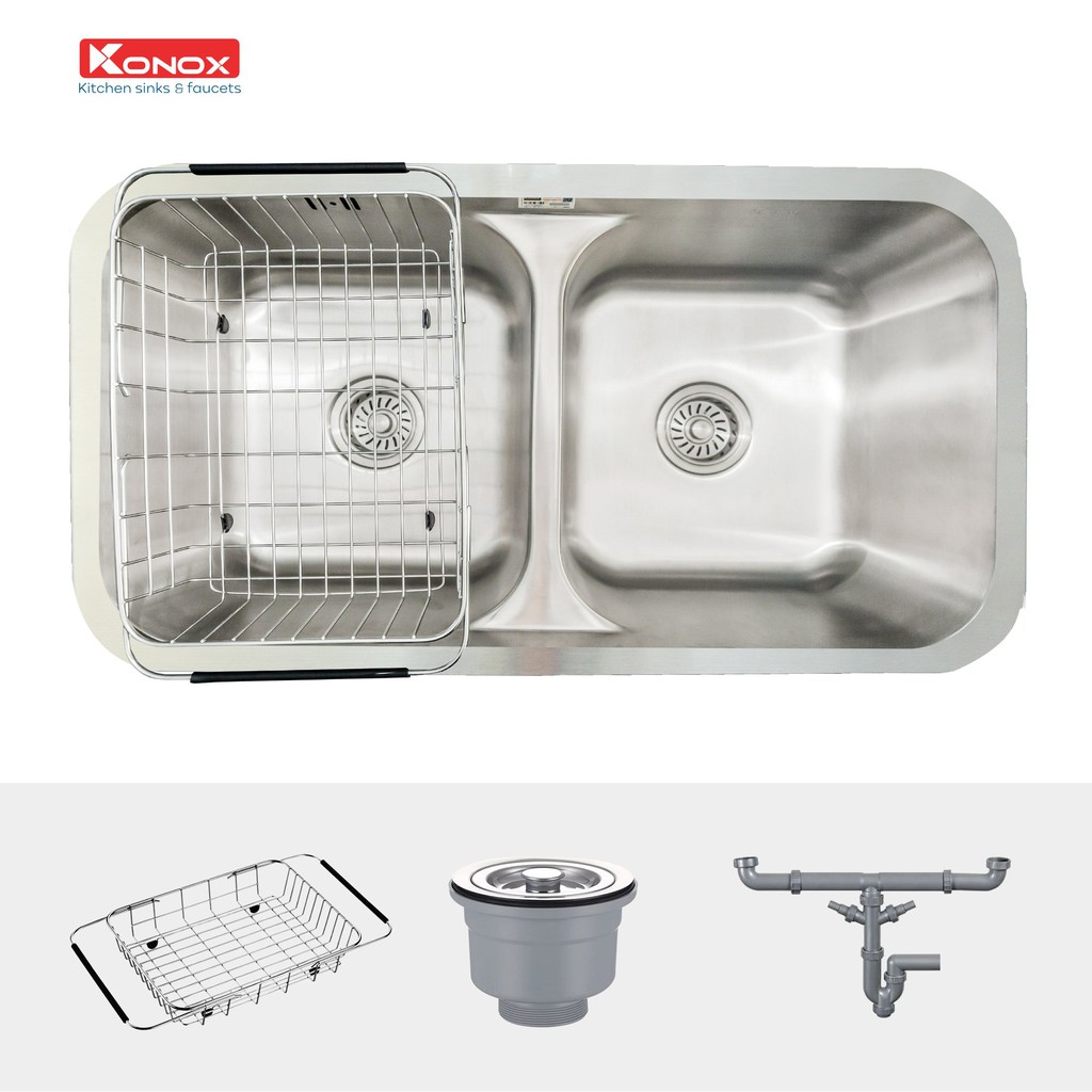 Chậu rửa bát inox KONOX Undermount KN8246DUA, inox 304AISI, full set gồm Siphon+Giá úp bát inox