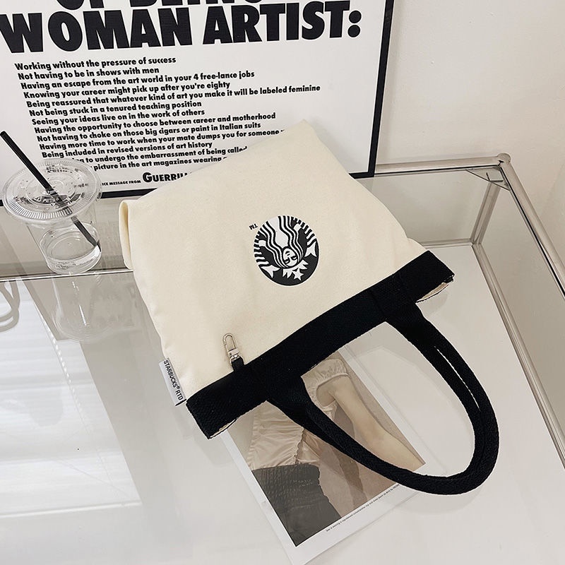 Túi Xách Tote Vải Bạt Siêu Nhẹ Cỡ Lớn In Hình Starbucks Chất Lượng Cao Cho Học Sinh