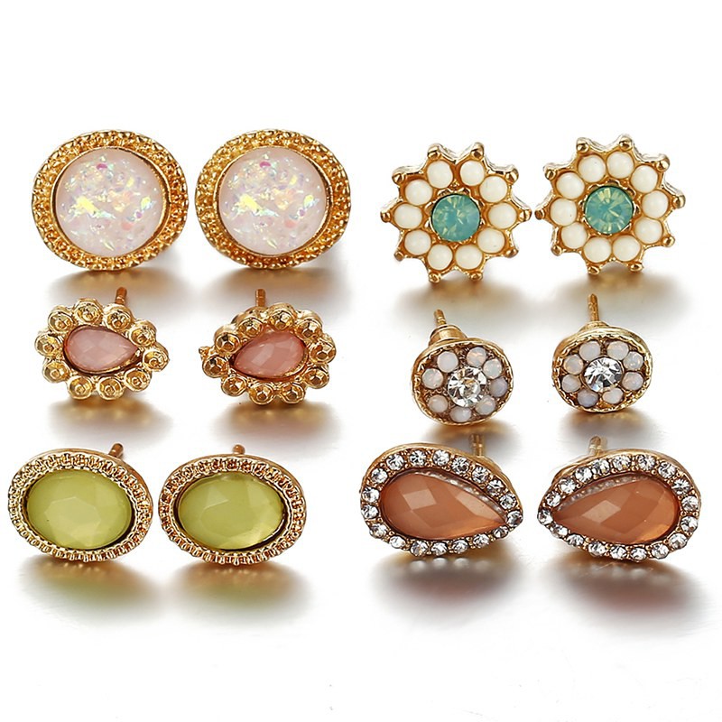 Set 6 cặp hoa tai hợp kim đính đá dễ thương sang trọng