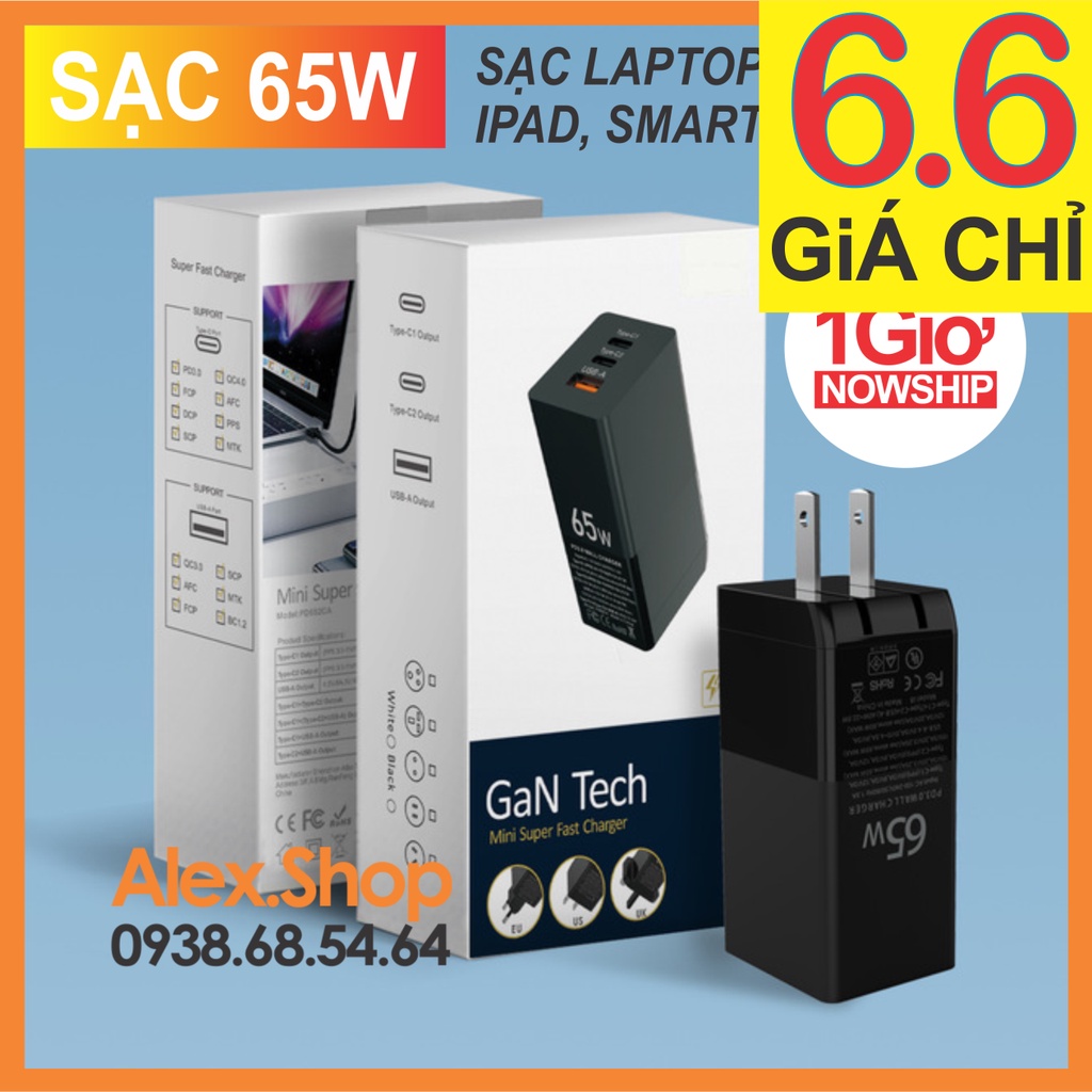 [65W] Cốc Sạc 65W Gan Pro Củ Sạc Đa Năng Sạc Mọi Thiết Bị Laptop, Máy Tính Bảng, Điện Thoại