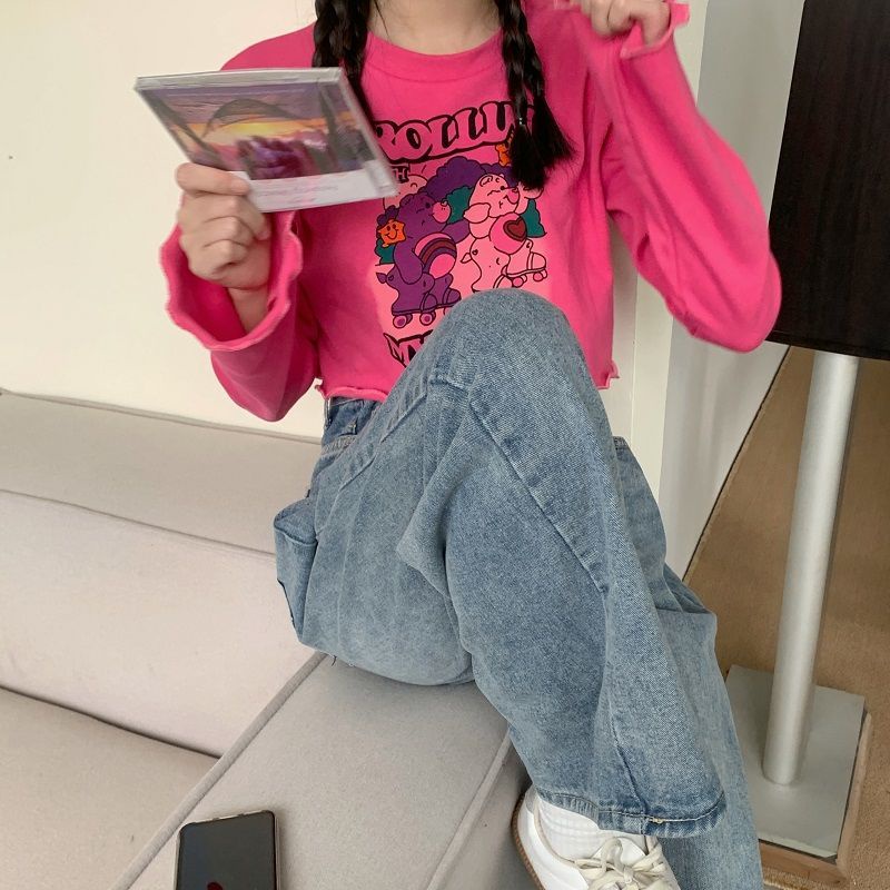 Áo Thun Cotton Tay Dài Hở Rốn In Họa Tiết Hoạt Hình Màu Đỏ Hồng Thời Trang Cho Nữ