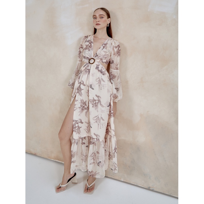 COCO SIN - Đầm Voan Hoạ Tiết Phối Khoen