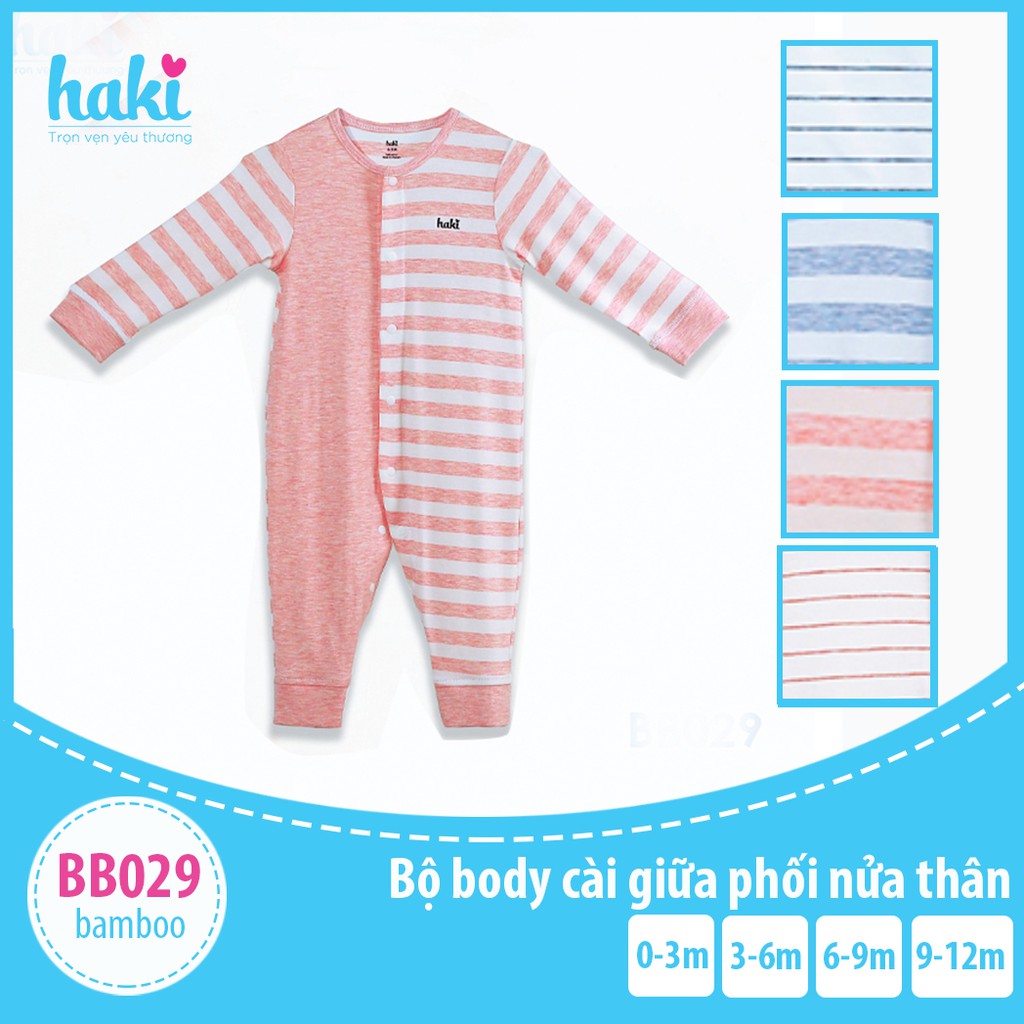 Body dài tay cài giữa phối nửa thân Haki, Bodysuit cho bé trai bé gái chất liệu vải sợi tre cao cấp (Bamboo) BB029 -