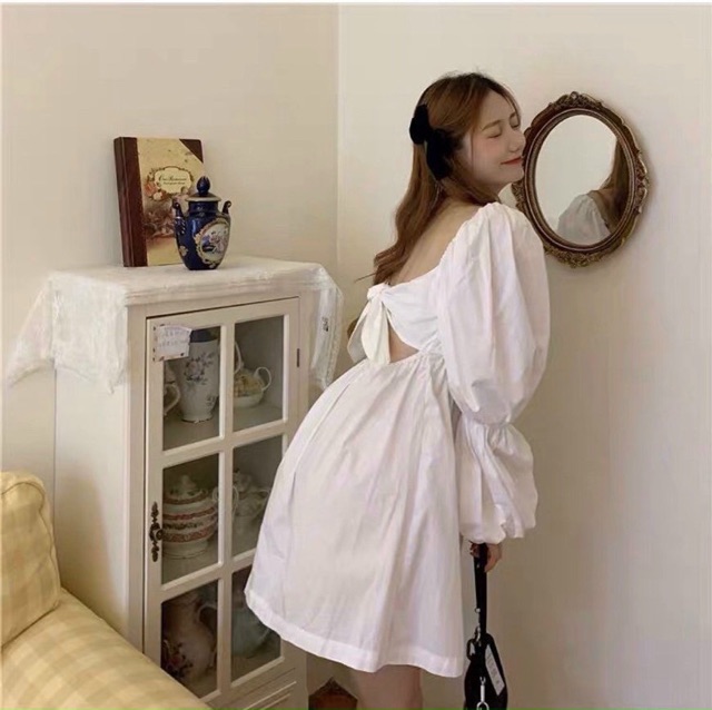 ĐẦM TRẮNG CỔ VUÔNG TAY BO | BigBuy360 - bigbuy360.vn