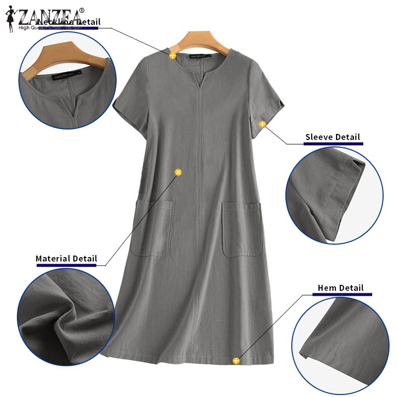 Đầm Midi Tay Ngắn Cổ Chữ V Màu Trơn Có Túi Thời Trang Cho Nữ ZANZEA