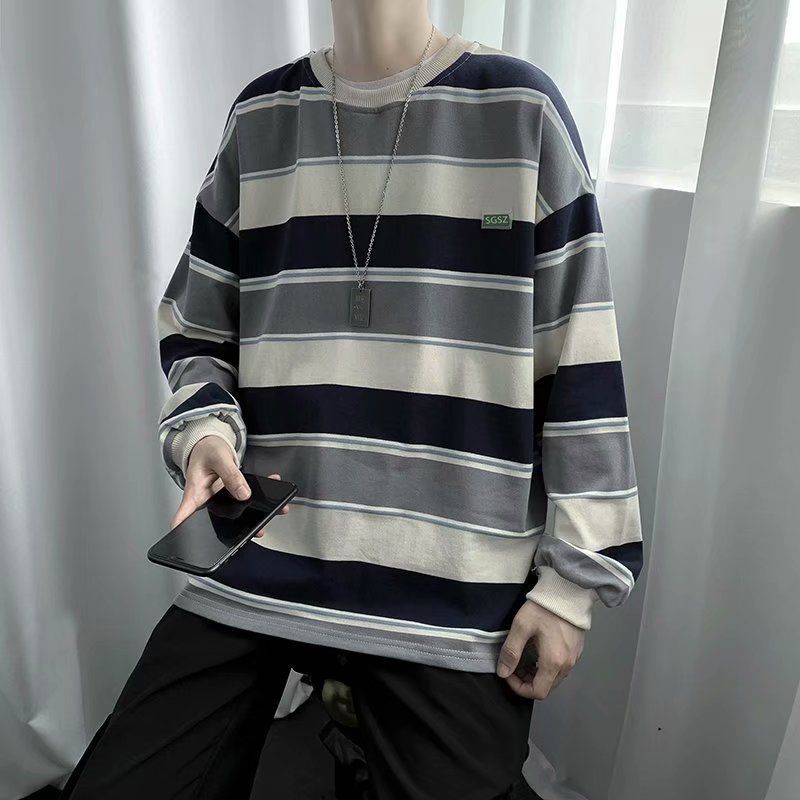 Áo Thun Nam Tay Dài Dáng Rộng Họa Tiết Sọc Phong Cách Hàn Quốc